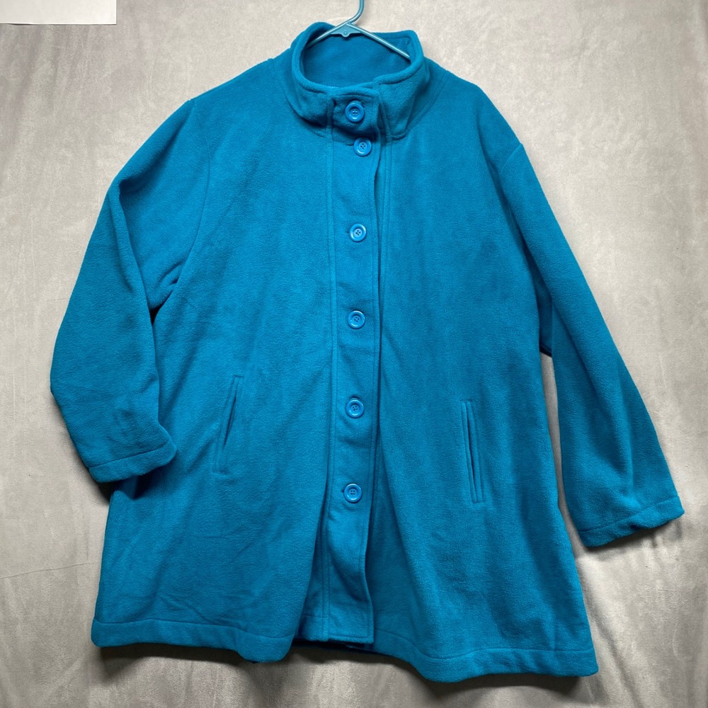 Woman Within 1X Teal Blue Fleece Button Front Stand Collar Coat Jacket Plus Size